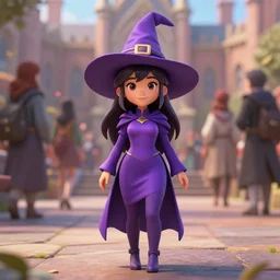 Young cute small beautiful girl in form fitting slim purple witch robes and pointy hat at a crowded magical university, full body shot unreal engine hyperreallistic render 8k character masterpiece digital art, trending on Artstation, CGSociety