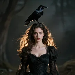 young witch ; occult magic ; black dress ; nice face ; a crow sitting on her head ; unreal engine ; photorealistic ; dark colors ; cinematic light