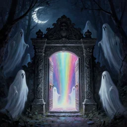 ghosts monsters. ornately carved stone portal with shimmering center. tall dancing ghouls at midnight in the forest. at night. crescent moon night sky. thomas kinkade. digital painting. marc simonetti. dancing ghost ghoul. michael whelan. mysterious rainbow void glow. greg rutkowski. scary. creepy. artstation.