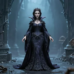 photo taken of an epic intricate, ultra detailed, super realistic stop motion puppet of a majestic gracious regal aristocratic brunette female vampire and gothic filmset created by weta workshop and tim burton, menacing, wide angle, full body shots, photorealistic, sharp focus, gloomy, extremely cold blueish colour temperature, 3 5 mm, f 1. 4, golden ratio