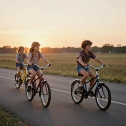 kids riding their bikes in the 1 9 8 0 s, long shot, sunset at the golden hour, photoreal, vintage
