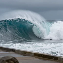 photograph of a big incoming wave taken from the promenade, dramatic, looming, hyperrealistic