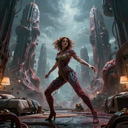 rgb, woman, dynamic pose, giant meaty skyscrapers, on an alien planet, movie scene, inspired by zdzislaw beksinski, clothes made out of veins,, cables everywhere, bedroom, ultra realistic, concept art, intricate details, highly detailed, photorealistic, octane render, 8 k