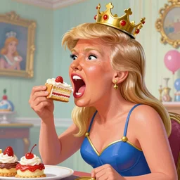 closeup profile portrait of a tin toy ivanka trump screaming as a fairytale princess wearing a crown and eating cakes, bikini, hyper realistic, artstation, illustration, nicoletta ceccoli, mark ryden, lostfish, max fleischer, digital paint, matte paint, vivid colors, bright, cheerful, detailed and intricate environment