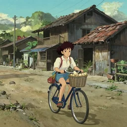 a young girl riding a bike with a basket in a small town, 1970s philippines, art by hayao miyazaki, studio ghibli film, hi res, 4k, detailed face, wide shot, one person