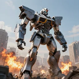 a giant mechanical robot in profile looms over a megacity, background explosions and fire, rule of thirds, rendered in octane, rendered in Corona, rendered in vray, rendered in Arnold, insanely detailed, photorealistic, cinematic, global illumination, no grain