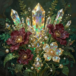iridescent diaphanous refractive and reflective crystal crystalline pearly flora bouquet, verdant, lush, overgrown, burgundy emerald and gold colors, fantasy, intricate, elegant, highly detailed, digital painting, artstation, concept art, matte, sharp focus, illustration, hearthstone, art by artgerm and greg rutkowski and alphonse mucha