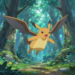 a photo of the Pokémon Mew flying over a mystical forest