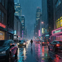 cyberpunk london city. street view. night. raining. driving rain. digital render. digital painting. takaaki ito. cyril roland. ross tran. trending on artstation