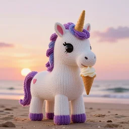 a large knitted unicorn eating an ice cream cone at sunset on the beach Trending on artstation, featured on Behance, well-rendered, Unreal Engine, 4K HD