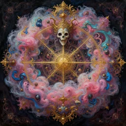 a stunning interpretation cotton candy made of silk fractals, tikipunk, highly detailed and intricate, golden ratio, very colorful, hypermaximalist, ornate, luxury, elite, haunted, dark horror, oil painting, cinematic, cgsociety, james jean, brian froud, ross tran