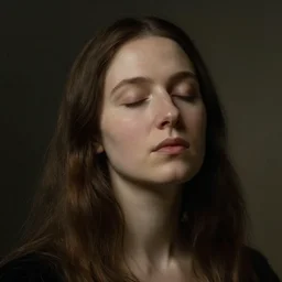 A portrait of a woman with long hair and closed eyes by Rembrandt and Gregory Crewdson. masterpiece. hq. ultra detailed. realistic. moody. cinematic.