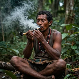 a_beautiful_portrait_of_an_indigenous_man_sitting_in_the_jungle_surrounded_by_smoke_smoking_a_pipe_praying_with_tobacco_mysterious_atmosphere_-H 704