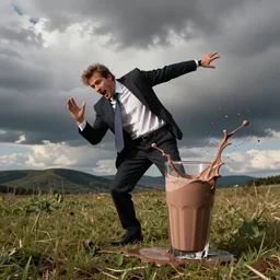 stock photo of a businessman accidentally knocking over a glass of chocolate milk and overreacting