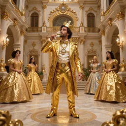 el chapo is a genie standing in the middle of a grandiose mexican mansion. everything is made out of gold. el chapo is sipping on wine. the mansion is incredible and ornate. chapo has a clockwork chain. there are princesses and queens everywhere around him, lovely scene of a genie being a pimp