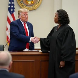a court depicting donald trump and a female black judge giving sentence