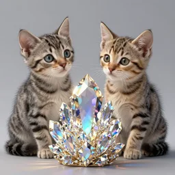 tabby kittens art style by alberto seveso, iridescent beautiful magical treasure, sharp focus, raytracing, intricate linework, ex bright precious crystals, 4 k detailed hyperrealistic concept art by artem chebokha, makoto shinkai