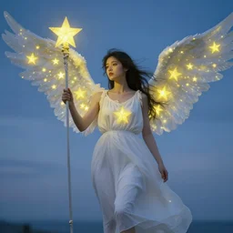 the photograph features a woman with wings made of stars, surrounded by a blue and white night sky. the woman is holding a staff in one hand, and a star in the other. she is wearing a billowing white dress, and her hair is blowing in the wind. cool yellow by lawrence alma - tadema, by martine johanna mournful, cgi