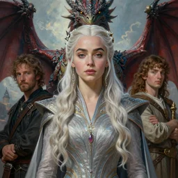a beautiful painting of daenerys targaryen in fantastic dress next to a dragon, medium shot, clear face, detailed face, symmetrical face, face enhancement, rim light, by jaime jones, tom bagshaw, lawrence alma - tadema, greg rutkowski, deviantart contest winner, fantasy art, intricate, elegant, highly detailed, 8 k, digital painting, concept art, sharp focus, illustration, golden ratio, mythological, maximalist