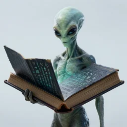 a superintelligent alien with a book, the book is coated in mysterious words and glyphs, surreal
