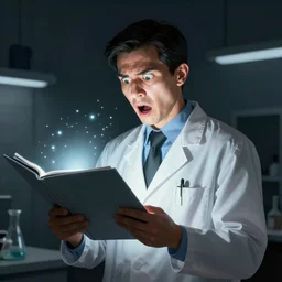 scientist is holding a folder of documents, he is in shock, the folder glows and lights up his face, professional lighting, concept art, detailed art, 2 d digital painting, dark building