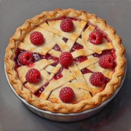 intricate five raspberry pie, oil on canvas, hdr, high detail, photo realistic, hyperrealism, surrealism, cinematic, matte finish, high contrast, 3 d depth, centered, masterpiece, vivid and vibrant colors, enhanced light effect, enhanced eye detail, artstationhd