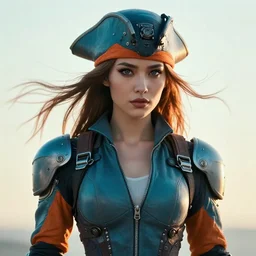 symmetry!! dynamic pose! closeup portrait of a cyborg pirate girl, fashion cyborg jumpsuit, shoulder pads, cinematic light, backlight, windy, teal orange, smoke trails, dust particles, by gerald brom, by mikhail vrubel, by peter elson, muted colors, extreme detail, trending on artstation, 8 k