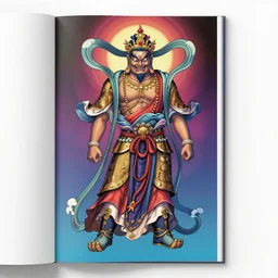a full body portrait of chinese buddhist mythology, king of hell, inside page of comic book, psychedelic lights and fog, in the style of zdzislaw beksinski, ayami kojima, takato yamamoto, barclay shaw, karol bak, glowing light and shadow, hyperrealist