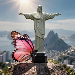 pink butterfly with the christ the redeemer rio de janeiro in the background, bokeh, sigma