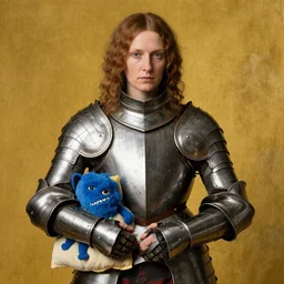 woman in medieval armor with the pillow blue monster. jan van eyck