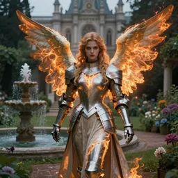 Angel knight gothic girl on a beautiful garden, next to a fountain and a mystical palace. By William-Adolphe Bouguerea, Jordan grimmer, fractal flame. Highly_detailded