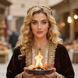 front editorial photo of traditionally dressed arab female in burning ancient bazaar, blonde, curly hair, clean light blue eyes, symmetrical beautiful face, clean face, cyberpunk jewelry, native costume and accessories,, fashion editorial photography, hyperrealistic, from vogue magazine, ultra realistic, artgerm, reflections, gold, teal, orange