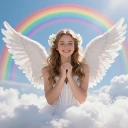 young beautiful aubrey plaza as a angel with feathered wings, smiling, digital art, inspired by artgerm, white flowers in hair, angelic, in the clouds with rainbows, bokeh, 5 0 mm photography, f 1. 2