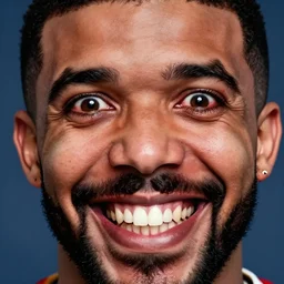 drake with a big smile and bloody wide open eyes, detailed face, sharp focus