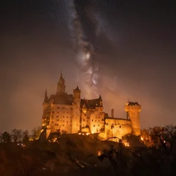 a beautiful double exposure of an astronomy photo of the day, and a landscape photo of an ancient castle with fires burning, warm colours, warm tint, mists, mystical, dragons