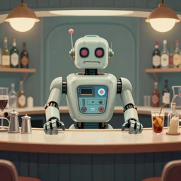 ( ( ( ( ( 1 9 5 0 s retro future robot android bartender behind a bar. muted colors. ) ) ) ) ) by jean - baptiste monge!!!!!!!!!!!!!!!!!!!!!!!!!!!!!!