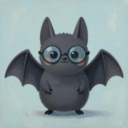 oil painting of a simple cartoon bat wearing glasses, cute and friendly, adorable