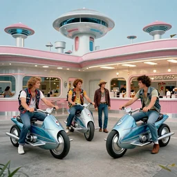 james jean, j. c. leyendecker, googie style architecture, kitsch, retro futuristic atomic age, space age, greaser biker gang, greaser biker gang hanging out at the ice cream parlour, rocket bikes, sci - fi retro