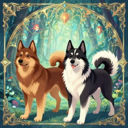 two finnish lapphunds, one brown tan domino one black white markings, pointy ears, fanart ornate fantasy ori and the blind forest cover style official behance hd artstation by jesper ejsing, by rhads, makoto shinkai and lois van baarle, ilya kuvshinov, rossdraws pastel vibrant