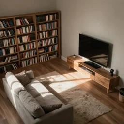 simple living room, only one sofa. bookshelves, tv, overhead view