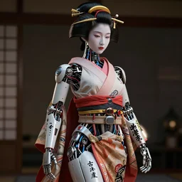 full body portrait of a beautiful japanese robotic geisha with wires and actuators and kanji tattoos and decals, dramatic lighting, hyper - realistic, ultra - realistic, intricate details, japanese model, 8 k ultra high definition, octane render