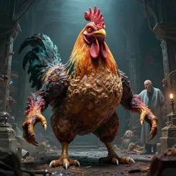 giant grotesque horrible chicken - human - hybrids failed experiment by super villain mad scientist full cinematic scene, 4 k