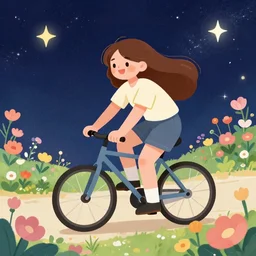 happy beautiful female cartoon image with brown hair cycling through interstellar flowers field