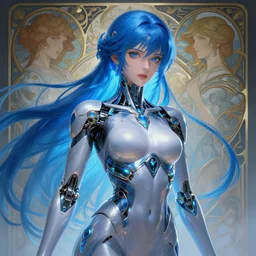 beautiful anime cyborg woman, blue hair, blue light, diffuse lighting, fantasy, intricate, elegant, highly detailed, lifelike, photorealistic, digital painting, artstation, illustration, concept art, smooth, sharp focus, art by John Collier and Albert Aublet and Krenz Cushart and Artem Demura and Alphonse Mucha