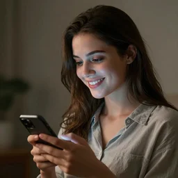 a portrait of a beautiful young lady smiling at a text she just received on her smartphone, in style of Evelyn De Morgan, beautiful high detail, cinematic, 8k resolution, trending on artstation trending, octane render, unreal engine