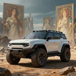a futuristic offroad suv designed by apple, artgerm and greg rutkowski and alphonse mucha, an epic fantasy, volumetric light, detailed, trending on art station, octane render, midsommar