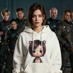 A portrait of an attractive women wearing a cute hoody by Greg Rutkowski, Sung Choi, Mitchell Mohrhauser, Maciej Kuciara, Johnson Ting, Maxim Verehin, Peter Konig, Resident evil , 8k photorealistic, cinematic lighting, HD, high details, dramatic, atmospheric , trending on artstation