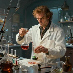 pieck as a mad scientist, lab coat, mixing potions in a rundown chemistry lab, by greg rutkowski and frank frazetta, intricate, artstation, cinematic, style of magic : the gathering