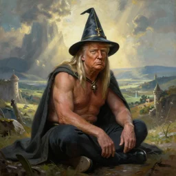 a beautiful painting of donald trump, shirtless, wearing gandalf's hat, sitting on the ground, with the panorama of middle earth in the background, intricate detail, god rays, photography, volumetric light, hyperrealistic, 8 k