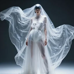 high fashion photography of a model in neo futurism white sci - fi transparent cloth, beautifully lit